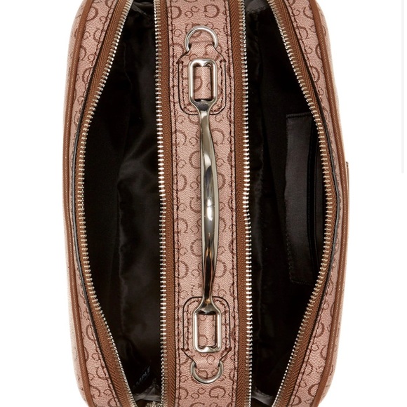 GUESS Factory Millville Large Crossbody Bag Double Zip Camera Brown Yellow - Picture 2 of 4